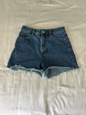 Zara Dark Blue Frayed Hem Denim Shorts